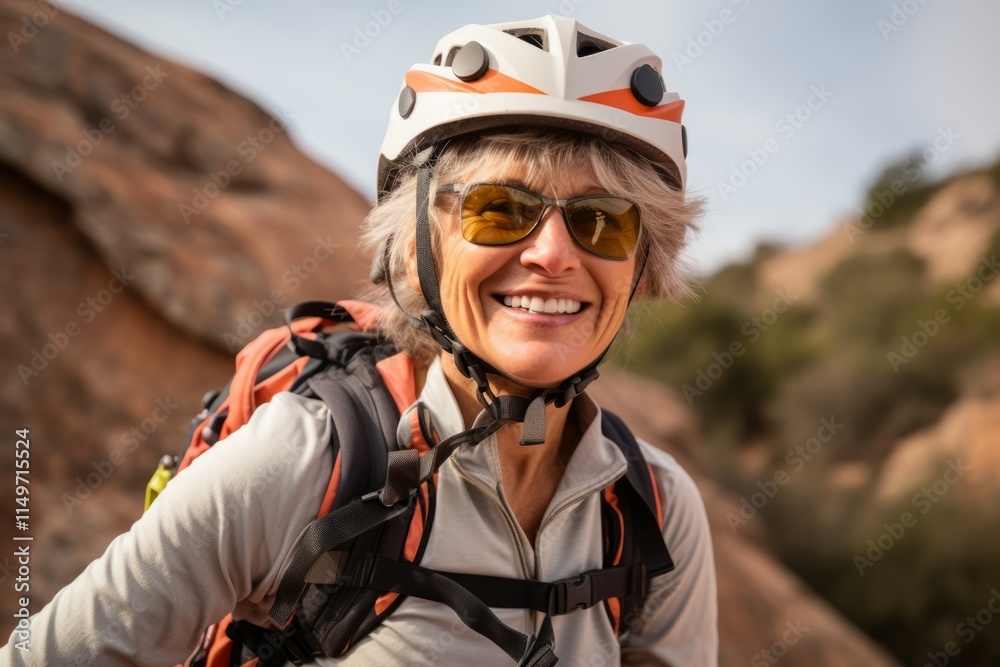 Portrait of a smiling senior woman with a backpack and helmet on a mountain hike. Portrait of a smiling senior woman with a backpack and helmet on a mountain hike.