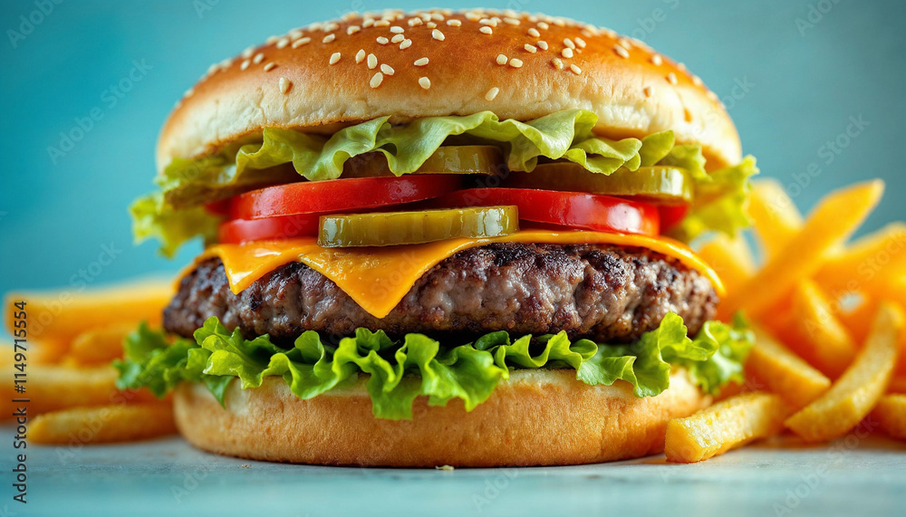 Juicy burger with cheese, fresh vegetables, and crispy fries served on a colorful backdrop in a casual dining setting Juicy burger with cheese, fresh vegetables, and crispy fries served on a colorful backdrop in a casual dining setting