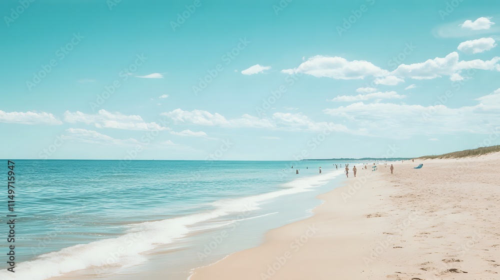 Tranquil Beach Scene With People And Blue Sky