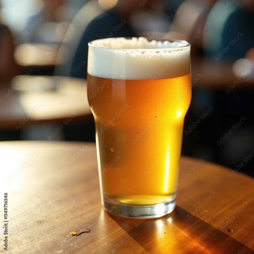 A chilled glass of clear liquid resting on a wooden table top, beer, glassware A chilled glass of clear liquid resting on a wooden table top, beer, glassware