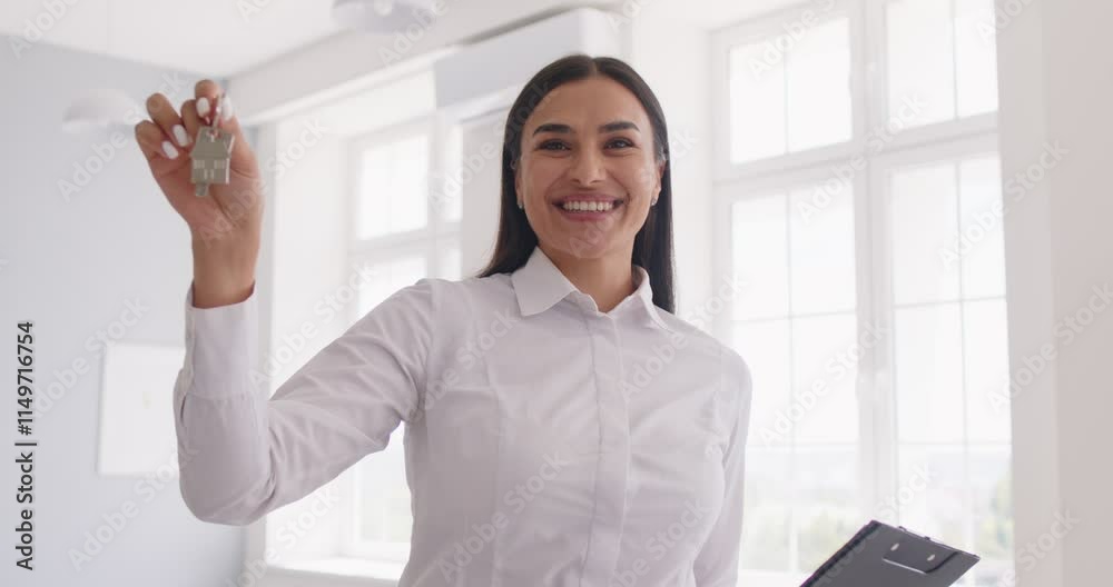 Portrait of confident smiling young woman realtor agent standing in new white impartments with documents and house keys and looking at camera. Real estate market concept. 4k video. Slow motion video. Portrait of confident smiling young woman realtor agent standing in new white impartments with documents and house keys and looking at camera. Real estate market concept. 4k video. Slow motion video.