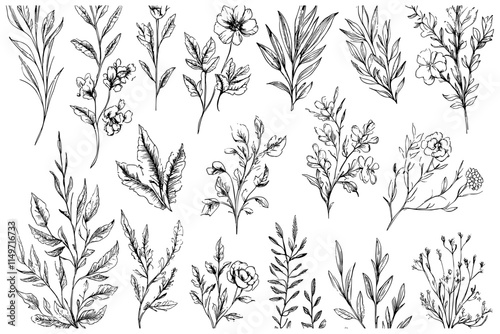 Hand Sketched Vector Vintage Flowers, Botanical Elements for Wedding Decorations, Plant Collection of Illustrations