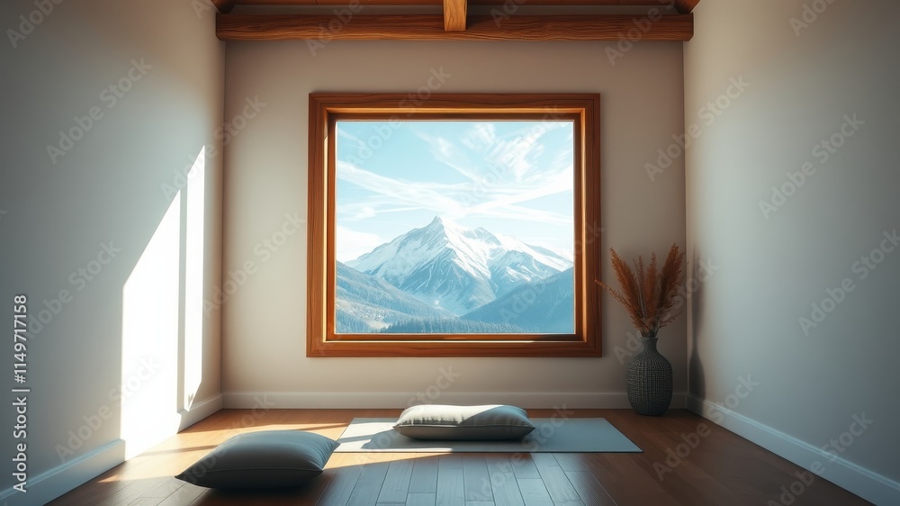 Fototapeta premium Serene Room with Mountain View and Yoga Mat