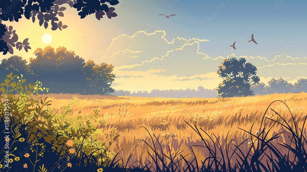 Fototapeta premium A sunset over a field of tall grass with trees and birds in the distance.