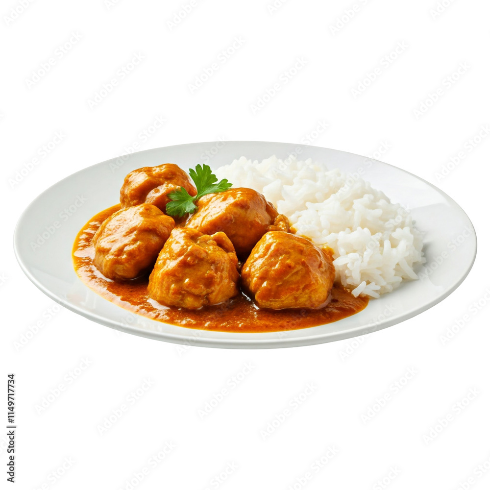 A plate of chicken curry with steamed white rice A plate of chicken curry with steamed white rice