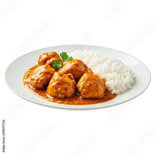 A plate of chicken curry with steamed white rice