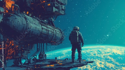 A lone astronaut explores a vibrant space shipwreck, bathed in a beam of light piercing the deep dark space
