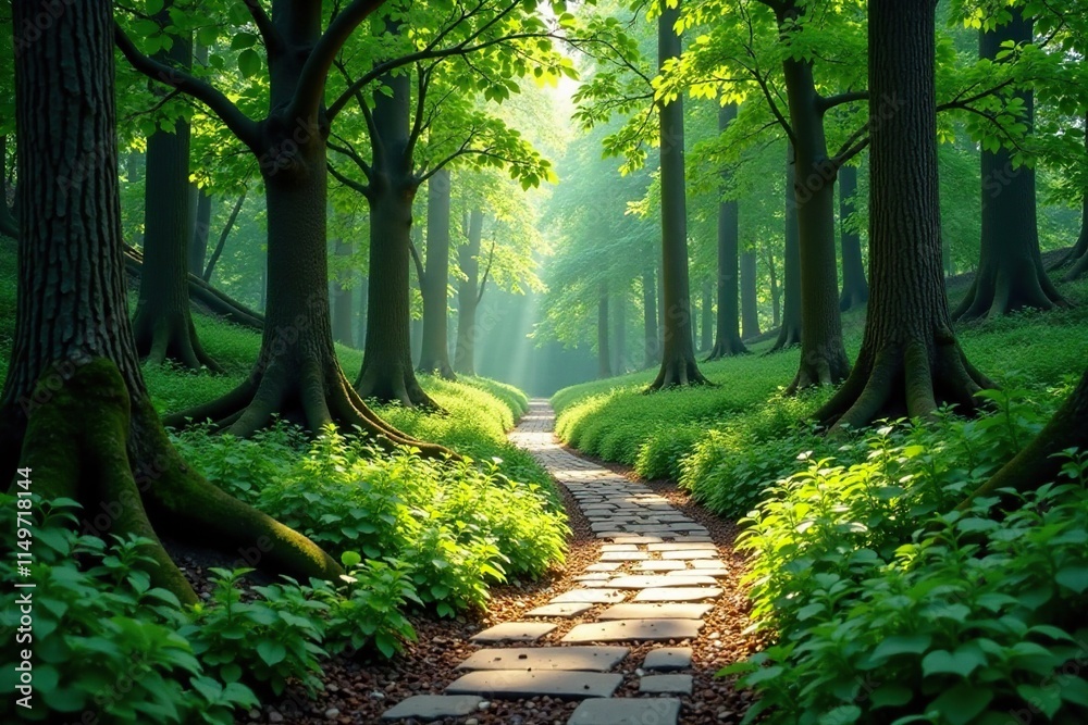 Fototapeta premium A curved stone pathway leading into a secluded area of a forest with tall trees and lush greenery, outdoor scenery, greenery, forest path