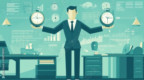 Vector illustration of a businessman thinking about time management and teamwork for business success