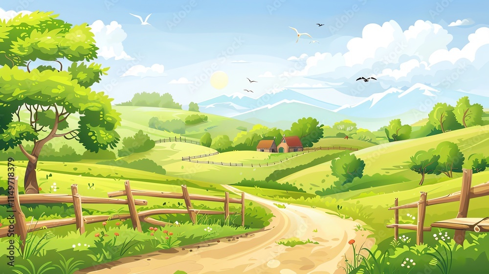 Fototapeta premium A cartoon illustration of a beautiful country landscape with a winding road leading up a hill to a house.