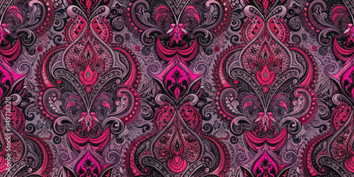 Intricate floral pattern in vibrant pink and purple hues on a dark background.