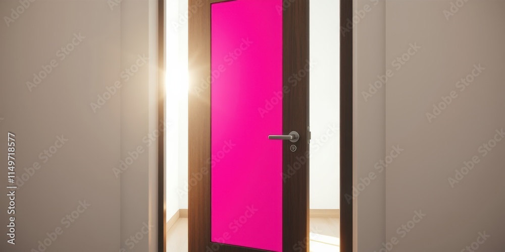 A bright pink door, partially open, reveals a sunlit room beyond, promising new opportunities and adventures that await. A bright pink door, partially open, reveals a sunlit room beyond, promising new opportunities and adventures that await.