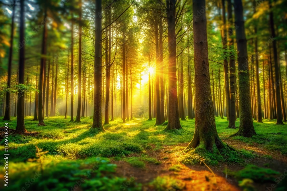 Fototapeta premium Sunlit Forest Clearing with Tall Trees, Tilt-Shift Photography