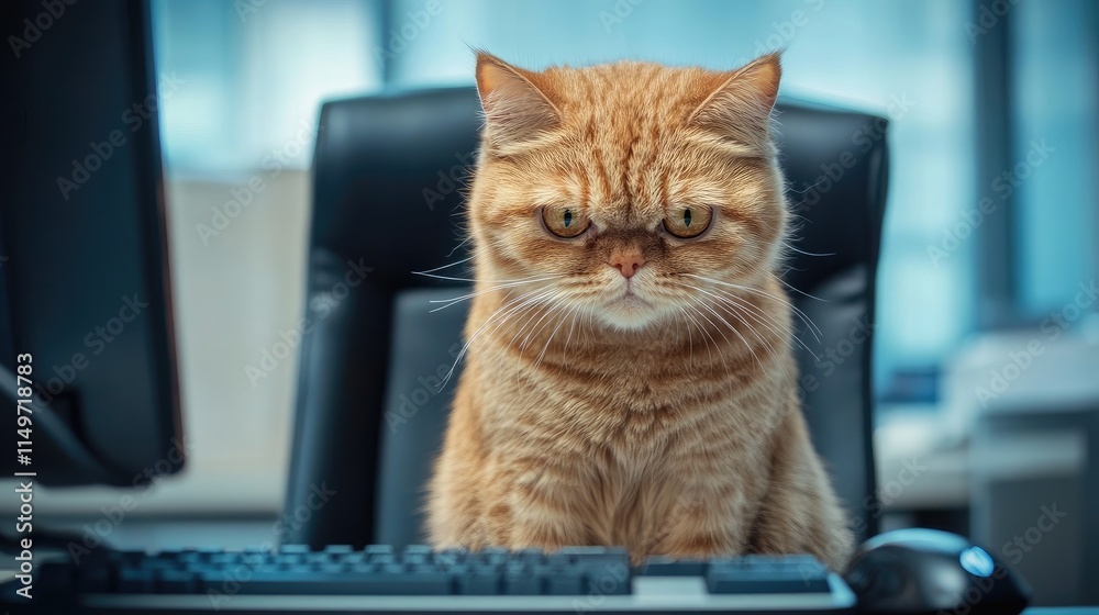 A cat with a distressed face sitting on a desk chair in front of a computer, creating an image of office stress and tension. A cat with a distressed face sitting on a desk chair in front of a computer, creating an image of office stress and tension.