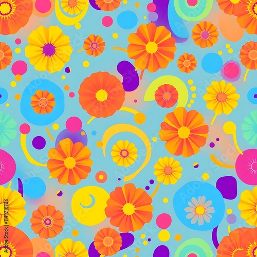 Vibrant Floral Fiesta: A lively and colorful seamless pattern featuring bright orange and yellow flowers, playful swirls, and vibrant dots on a light blue background. Perfect for textiles, wallpapers.