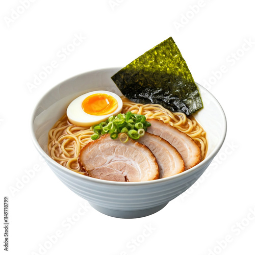 A bowl of ramen with sliced pork and soft-boiled egg photo