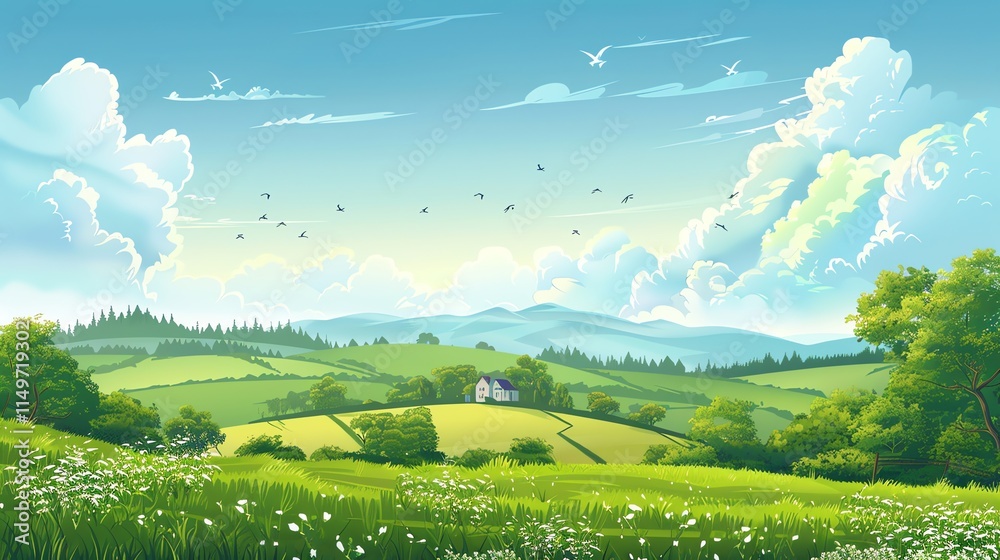 Fototapeta premium A cartoon illustration of a sunny countryside scene with a winding road leading up a hill to a house.