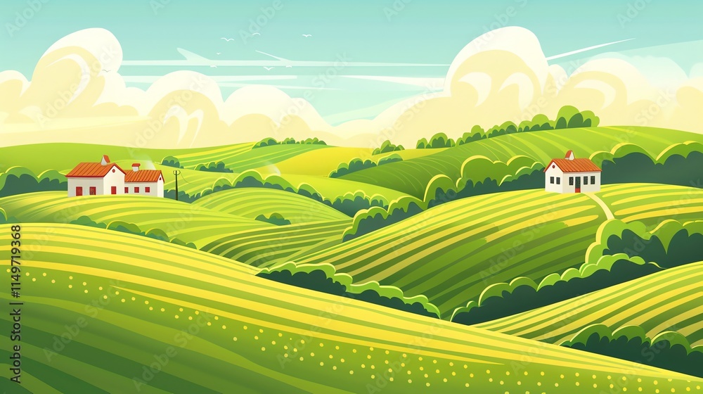 Obraz premium A cartoon illustration of a beautiful country landscape with a winding road leading up a hill to a house.