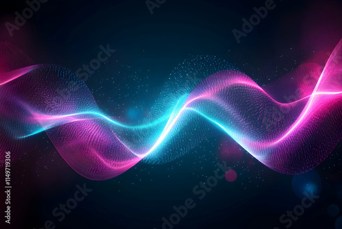 Abstract futuristic background with neon pink and blue glowing wave lines moving at high speed, enhanced with bokeh lights, creating a dynamic and tech-inspired atmosphere
