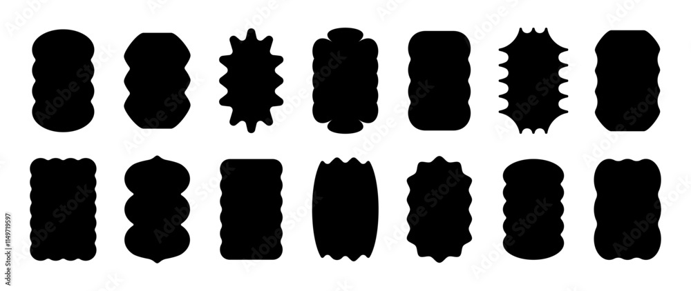 Abstract wave shape stickers. Zig zag wavy shape frames. Vector corrugated rectangular and oval abstract photo frames, text boxes. Scallop edge black geometric stamps. Flat jagged ellipse shapes set Abstract wave shape stickers. Zig zag wavy shape frames. Vector corrugated rectangular and oval abstract photo frames, text boxes. Scallop edge black geometric stamps. Flat jagged ellipse shapes set