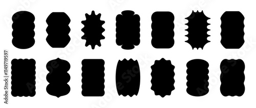Abstract wave shape stickers. Zig zag wavy shape frames. Vector corrugated rectangular and oval abstract photo frames, text boxes. Scallop edge black geometric stamps. Flat jagged ellipse shapes set