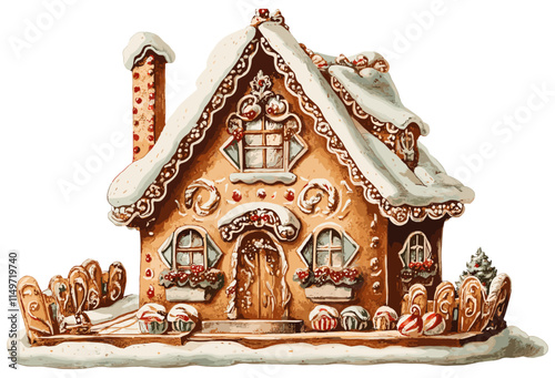 Vintage gingerbread house in botanical art, decorated with intricate icing details, perfect for adding a traditional holiday theme to your collection. photo