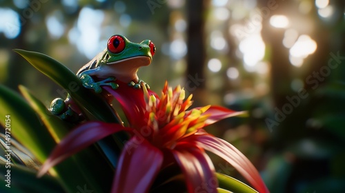 Red-Eyed Tree Frog Perched on Vibrant Bromeliad photo