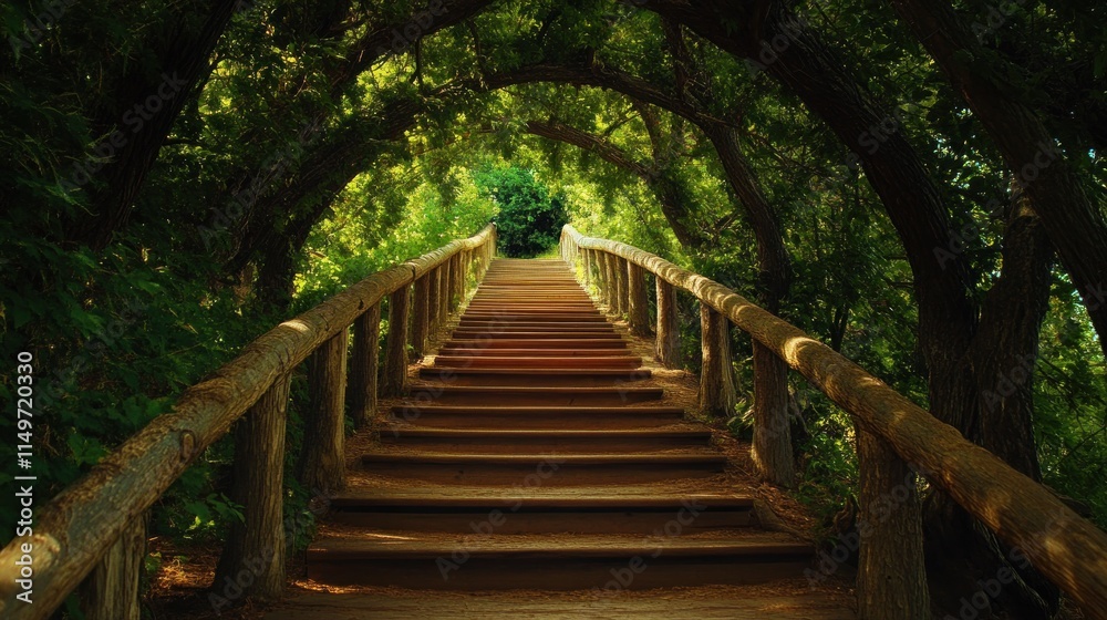 Fototapeta premium Wooden Steps Leading Through a Canopy of Trees
