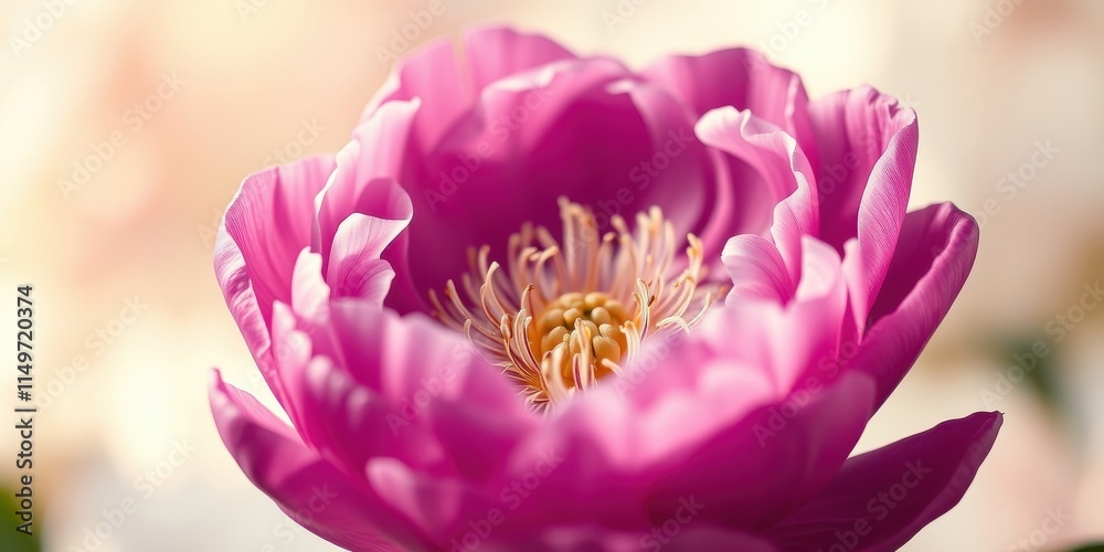 Obraz premium Close-up view of a vibrant pink peony blossom, showcasing the delicate texture of its petals and the intricate details of its center