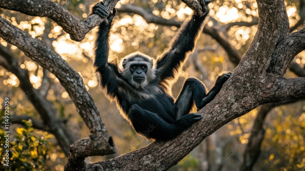 Naklejka premium A black-and-white monkey hangs from a tree branch, backlit by golden sunlight.