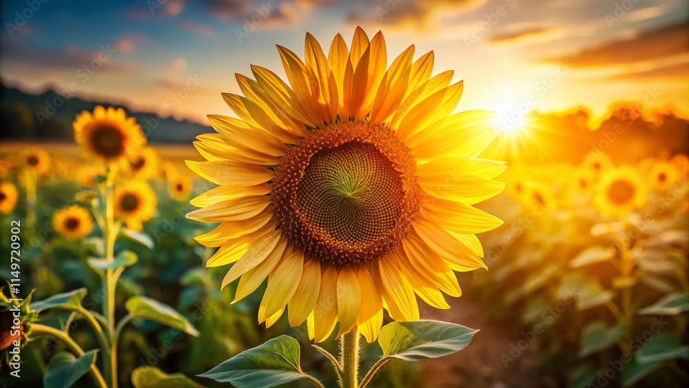 Fototapeta premium Sunlit Sunflower Portrait: Vibrant Summer Bloom Close-Up