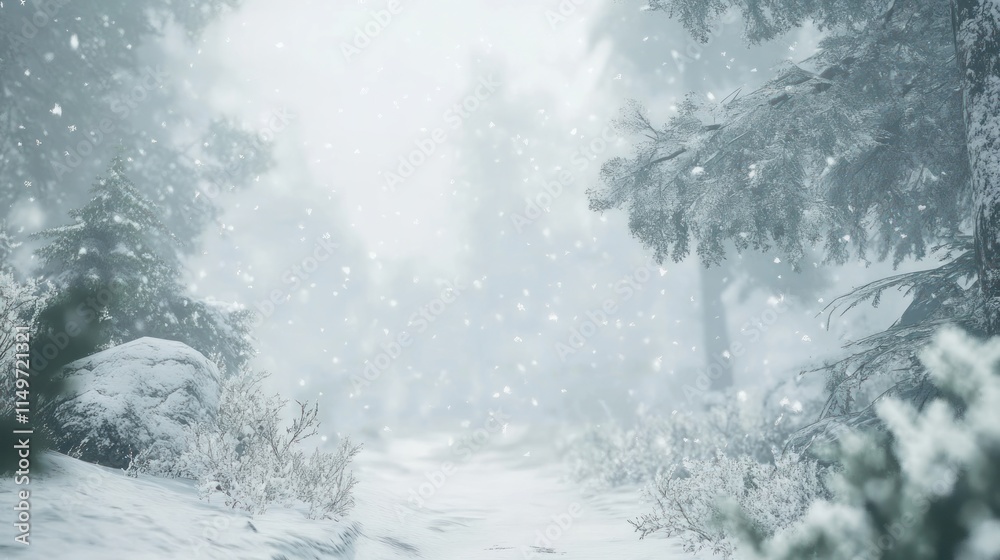 Fototapeta premium Snowy path through a misty winter forest.
