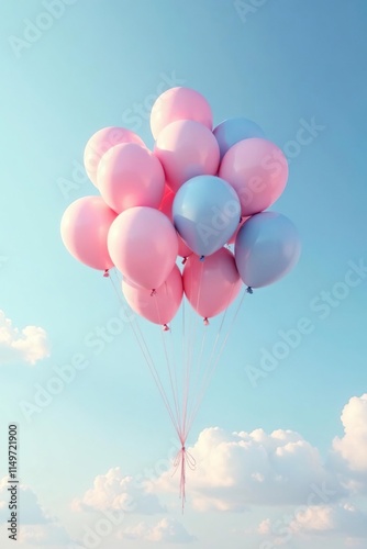 A group of balloons slowly ascending into the pale blue atmosphere, buoyant orbs, gentle movement, soft breeze