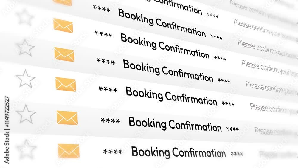 Booking confirmation through email notification concept 4k animation with a message, background.