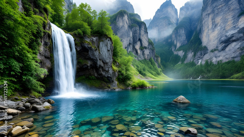 Majestic Waterfall in Mountain Valley

