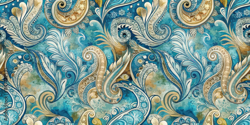 Elegant turquoise and gold paisley pattern with intricate detailing.