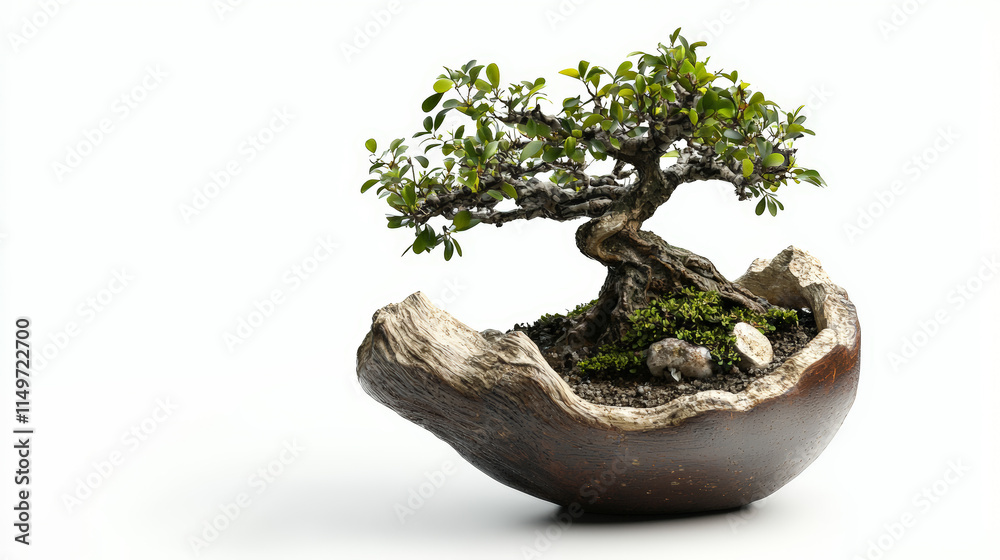 Fototapeta premium A beautifully captured bonsai tree in a handcrafted clay pot, photographed with stunning realism against a clean white background. Generative AI
