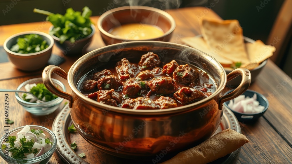 Aromatic Stew Served in a Copper Pot with Fresh Herbs and Flatbread Aromatic Stew Served in a Copper Pot with Fresh Herbs and Flatbread