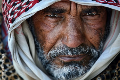 Close up portrait of bedouin man wearing traditional keffiyeh, his weathered face reflecting years of life in the desert
