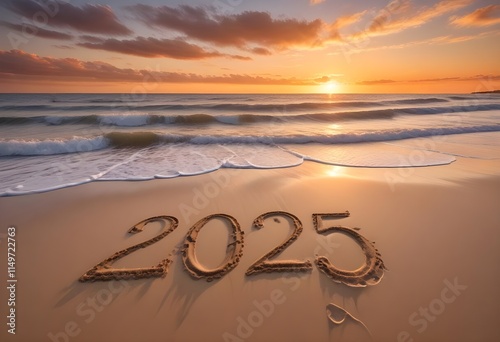 The sandy beach at sunset with the numbers 2025 carved into the wet sand. Gentle waves lap at the shore, creating foam around the numbers. The sky is filled with soft clouds illuminated by the warm gl photo