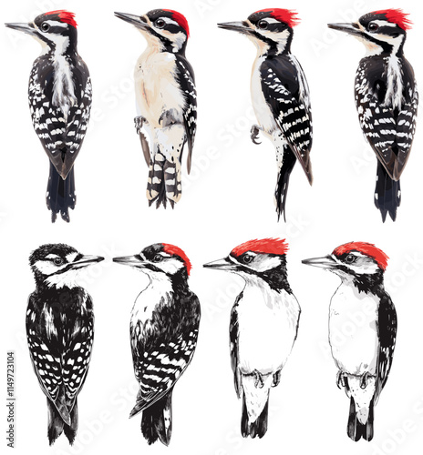 Vintage Art of Old Woodpecker in Soft Red, Black and White Tones, Perfect Addition to Natural Home Decor and Rustic Interior Styles