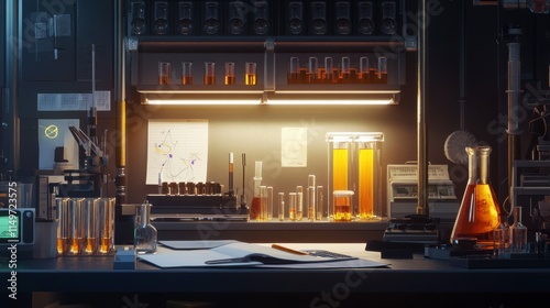 Scientific Research Lab. Test tubes and lab notebooks meticulously arranged on a clean work surface under bright illumination.
