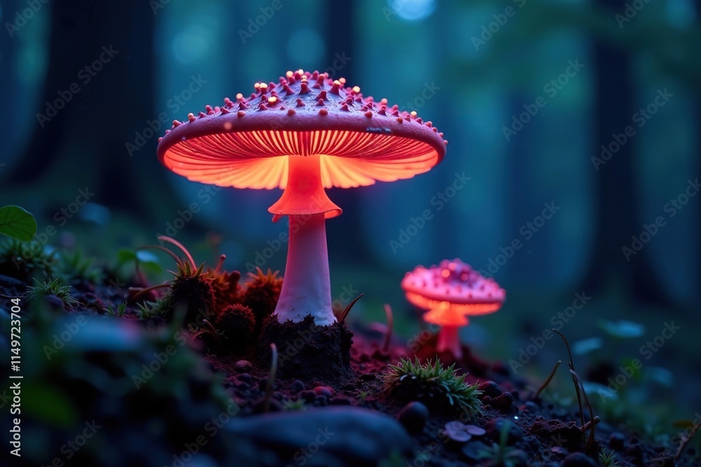 Fototapeta premium A mysterious, glowing fungus growing in the dark forest, bioluminescent, natural