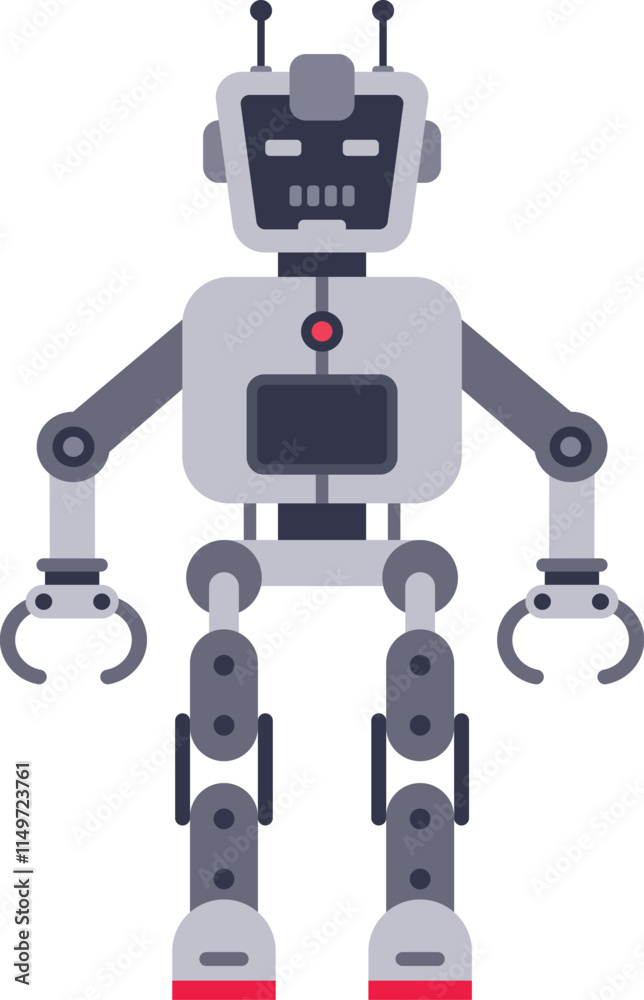 Futuristic robot character standing still with claw hands, antennas and red highlights on white background, artificial intelligence concept in flat design style Futuristic robot character standing still with claw hands, antennas and red highlights on white background, artificial intelligence concept in flat design style