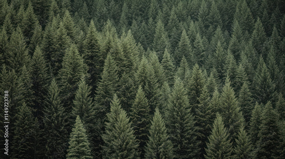 Fototapeta premium Dense evergreen forest, aerial view of lush coniferous trees.