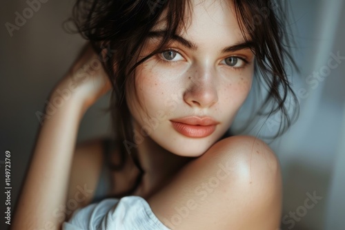 Close up portrait of a stunning freckled model touching her hair and showcasing her bare shoulder, creating a captivating image of natural beauty