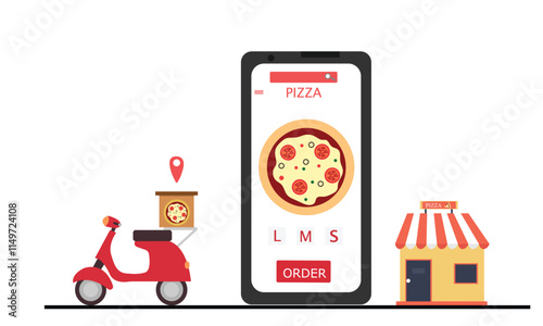 Online pizza delivery concept. Food online order with smartphone, Flat vector illustration.