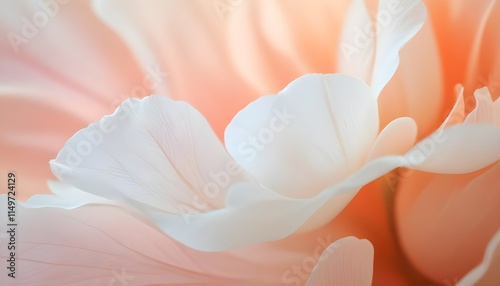 A close-up of delicate, translucent white flower petals with soft, flowing edges. The background features a gentle gradient of warm peach and soft pink hues, creating a dreamy atmosphere. The petals e