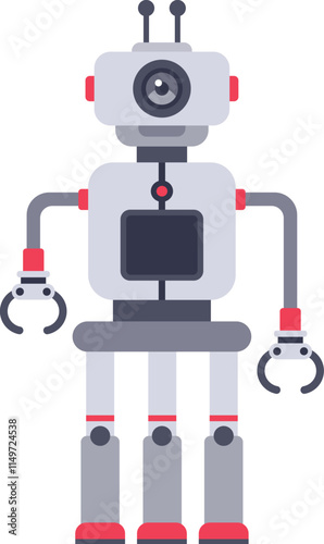 Futuristic robot standing on three legs with mechanical arms holding claws, featuring a camera eye and a central processing unit, representing advanced technology and automation