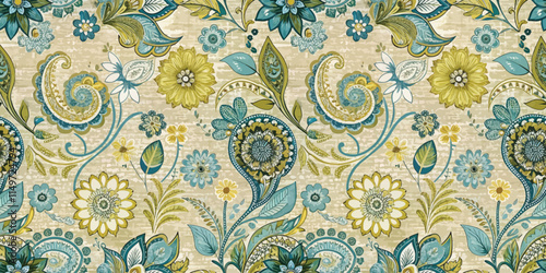 Vibrant floral pattern featuring intricate paisley and botanical designs.